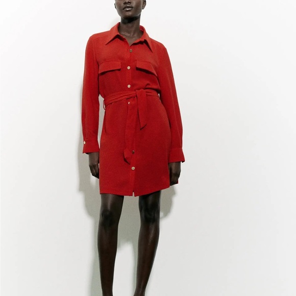 Zara NWT red tie belted mini shirt dress gold button front collared flap pocket - Picture 4 of 4